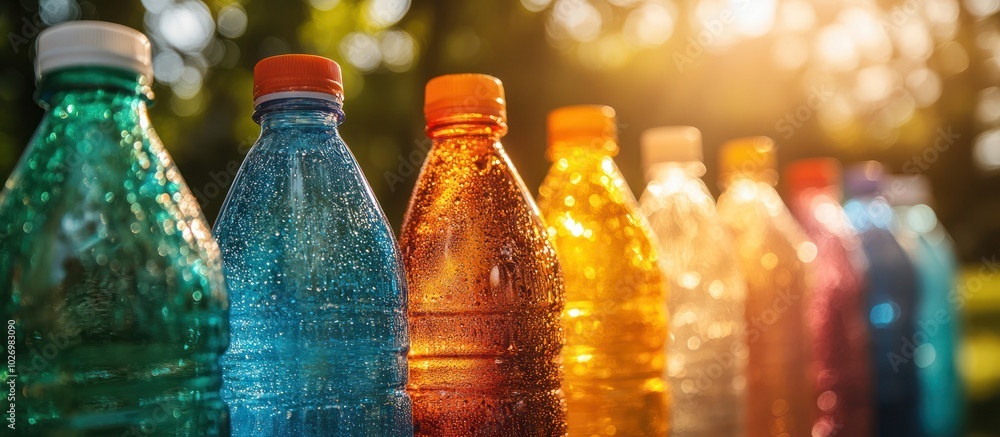 Poster close-up of colorful plastic bottles in a row with a blurred background.