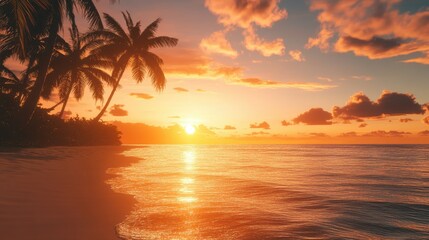 A tropical beach scene with a bright orange sunset casting golden light over the water and palm trees