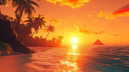 A tropical beach scene with a bright orange sunset casting golden light over the water and palm trees