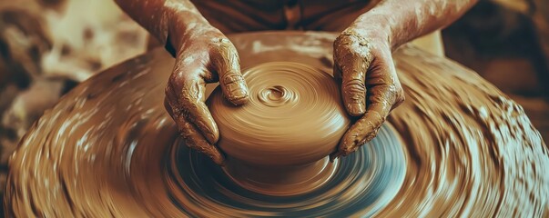 Close-up of skilled hands shaping clay on a pottery wheel, demonstrating the art of ceramics in a rustic workshop setting.