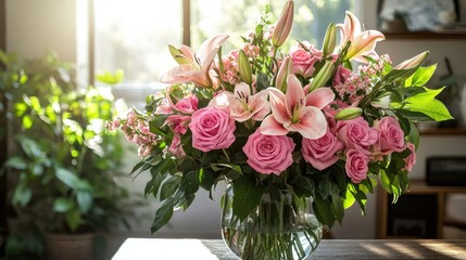 A vase of pink roses and lilies arranged beautifully on a wooden table in a sunlit room