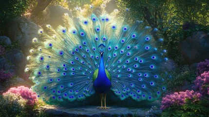 Obraz premium A vibrant blue peacock standing tall, displaying its colorful feathers in full bloom against a garden backdrop.