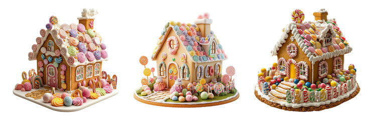 Colorful Gingerbread Houses for Holiday Decor Isolated on Transparent Background