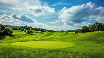 A vibrant green golf course stretching across rolling hills, with players in the distance and a bright blue sky above.