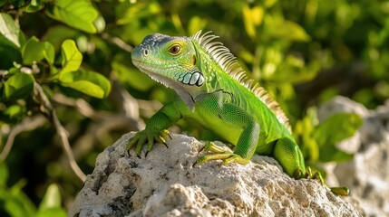 Fototapeta premium A vibrant green iguana basking on a rock in the sun, its scales blending with the surrounding foliage.
