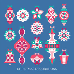 Set of decorations of different shapes and designs for the Christmas tree. Collection of abstract geometric creative ornamental decorations. Icon, symbol, sign, isolated object