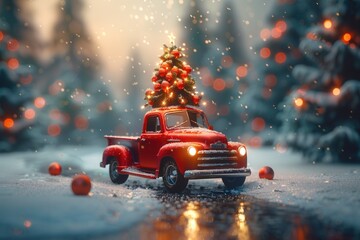 watercolor, Retro Truck Christmas Tree. llustration of retro pickup truck with Christmas tree. Christmas greetings