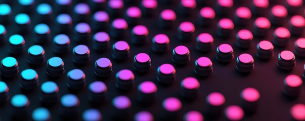 Colorful illuminated buttons on a dark background create a vibrant tech-inspired visual.