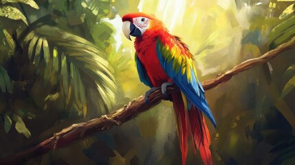 A vibrant macaw perched on a branch, its feathers glowing in the tropical sunlight