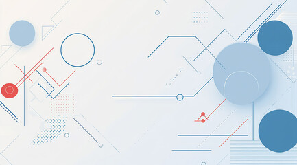 Abstract geometric pattern with blue and red circles and lines on white background.