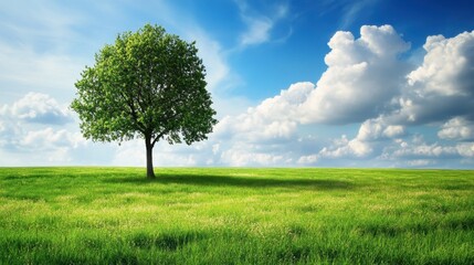 Lush Green Tree on Vibrant Meadow Under Blue Sky