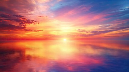 Fototapeta premium A vibrant sunset with the sky glowing in shades of orange and pink, reflected over a calm lake