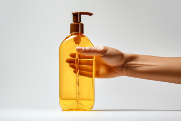 A close-up of a person&rsquo;s hand firmly holding a transparent handwash bottle, with soap bubbles visible inside, placed against a neutral white background.