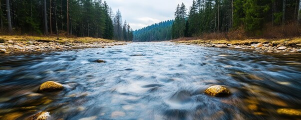 A serene river flowing rapidly through a forest, showcasing the steady power of water over time, river flow, natural energy