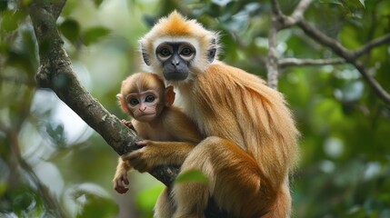 Obraz premium Cute Monkey and Baby Sitting on a Tree Branch