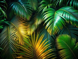 Night Photography of Palm Leaves Silhouette Pattern in Green for Tropical Aesthetic