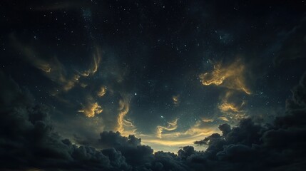 Naklejka premium Serene Night Sky with Dramatic Clouds and Stars