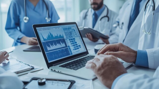 A group of doctors gathered around a laptop in a hospital meeting room, discussing a patient case and collaborating on treatment plans, with medical charts on the screen
