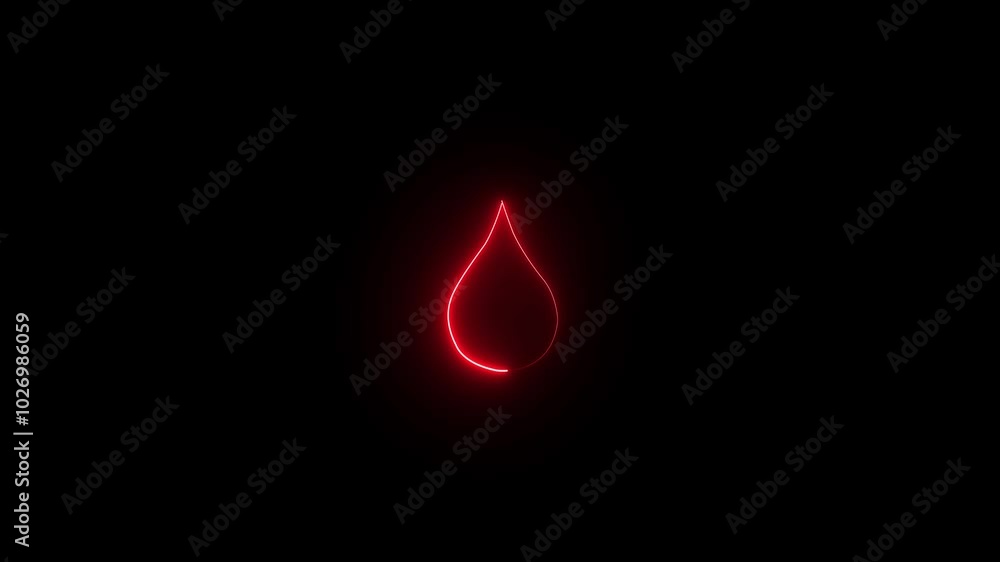 Poster water drop red color neon glowing icon, blood drop animated on black background red blood drop loop 