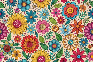 Colorful Naive Groovy Floral Pattern Background for Seamless Design Projects