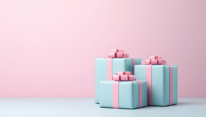 Three beautifully wrapped gifts in soft pastel colors against a pink background, perfect for celebrations.