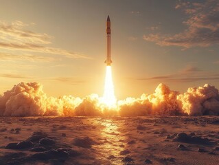 dramatic missile rocket launch, showcasing the powerful explosion and smoke trail against a clear sky, emphasizing the intensity and excitement of space exploration