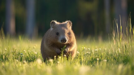 Fototapeta premium A wombat wandering through a grassy field in the Tasmanian wilderness, munching on plants
