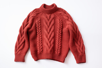 A plain woolen winter sweater in red and white color with no patterns or embellishments, folded neatly on a white surface with subtle lighting.