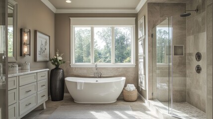 A luxurious bathroom with a freestanding tub and walk-in shower, surrounded by neutral tones and natural light.