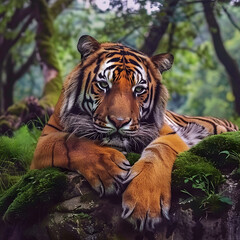Fototapeta premium close-up of a tiger lying down in a forest