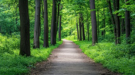 Obraz premium Lush Green Forest Pathway Through Tall Trees