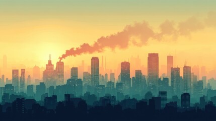 Obraz premium Urban Skyline at Sunset with Smoky Horizon