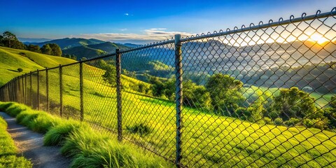 Fototapeta premium No Trespassing Sign on Chainlink Fence in Scenic Landscape Photography