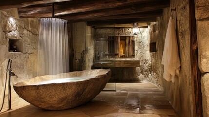 Rustic bathroom with a stone tub, a rain shower, and wood beams adding warmth to the space.