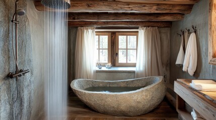 Rustic bathroom with a stone tub, a rain shower, and wood beams adding warmth to the space.