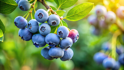Blueberry hanging with branch and leaves garden background.