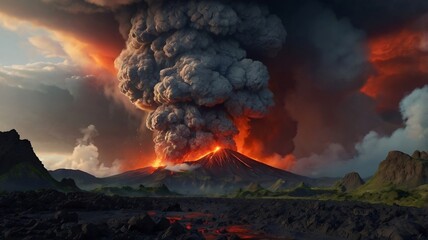 Fototapeta premium volcanic eruption landscape, natural disaster concept view. generative ai