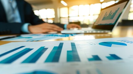 Focused businessman at desk with financial documents and laptop displaying earnings reports, conveying determination and attention to financial data analysis.