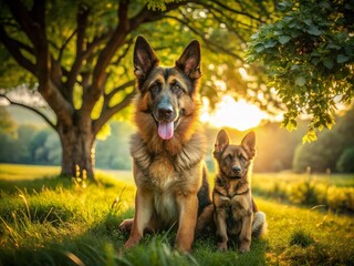 Old German Shepherd with Puppy in a Serene Landscape - Heartwarming Bonding Moment