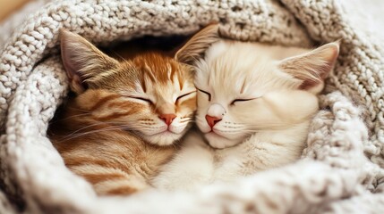 Two cats snuggled up together in a warm blanket, their heads resting on each other, with eyes closed