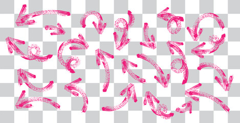 Big set of brush, colored crayon drawn bold arrows. Template hand drawn doodle thick colorful arrows in different directions. Collection of chalk arrow vector. Handwritten chalk, brush, design