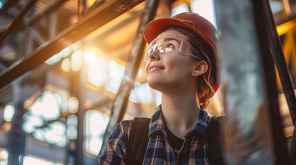 Obraz premium A Smiling Female Construction Worker Wearing a Hard Hat 