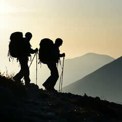 Two hikers in silhouette walk uphill at sunrise on a mountain trail.