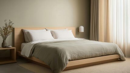 Japandi bedroom with light wood finishes, neutral tones, and a low bed for a simple, calming space   light wood, neutral tones, Japandi bedroom