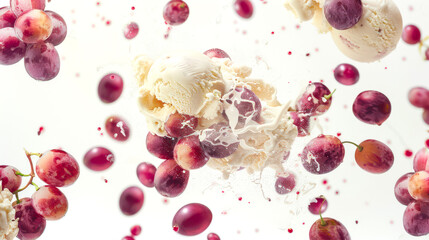 A red bunch of grapes and vanilla ice cream balls fly through the air on a white background. Grapes are scattered all over the image. A delicious refreshing dessert. Food background