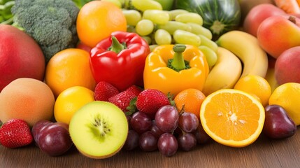 Close-up of vibrant fresh vegetables and fruits on wooden table, healthy blood pressure foods, natural nutrition and wellness.