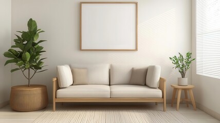 Fototapeta premium Japandi living room with a neutral color palette, wooden accents, and a simple indoor plant arrangement neutral palette, wooden accents, minimalist decor
