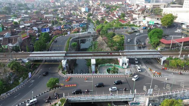 Aerial view, Backtrack dolly shot of Kewek Bridges in Yogyakarta