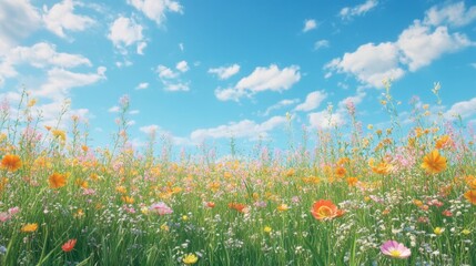 Fototapeta premium Bright Flower Field Under a Clear Blue Sky