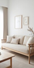 Japandi living room with a soft beige couch, a simple wooden coffee table, and minimalist wall decor   beige couch, wooden table, minimalist decor